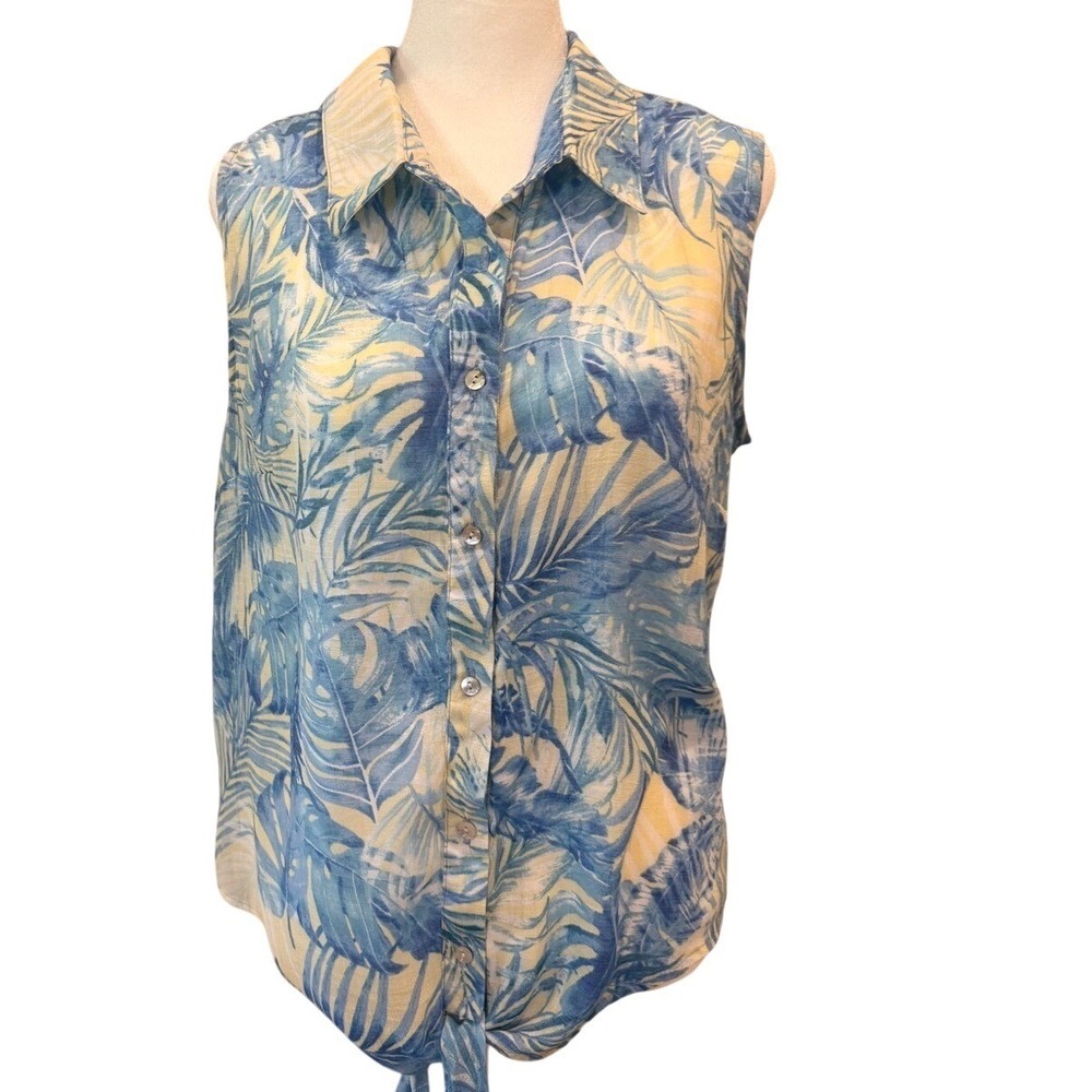 Tropical Palm Print Sleeveless Tie Front Button Down Top Blue Yellow Rayon Blend